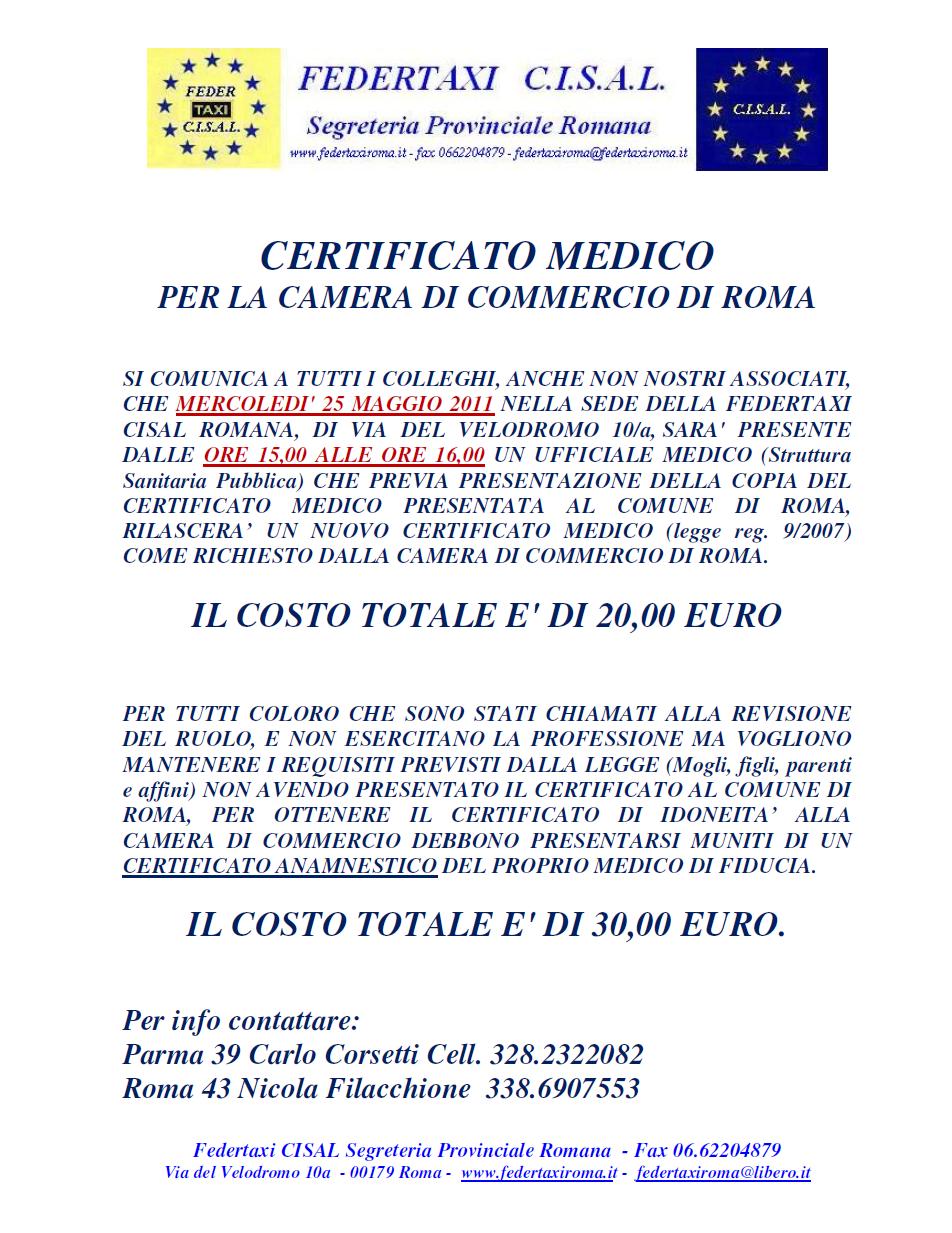 CERTIFICATO MEDICO PER LA CAMERA DI COMMERCIO (25.05.2011) su FEDERTAXI